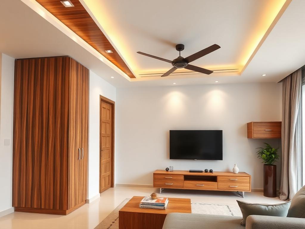 Finished modern interior with fitted ceiling and wardrobe